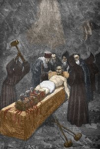 Case of the Possessed of Loudun around 1630: witch hunt, the French priest Urbain Grandier who allegedly made a pact with the devil and accused of bewitching nuns, is tortured by Victor Armand Poirson