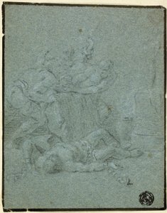 Two Men Holding Boulder over Prostrate Man with Manacles by Victor Honoré Janssens