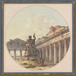 Architectural Capriccio: Interior of a Temple Ruin with a Statue of Jupiter Tonans and Staffage Figures by Victor Jean Nicolle