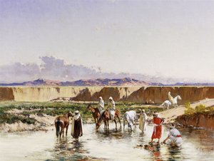 Arab Horsemen watering in an Oasis by Victor Pierre Huguet