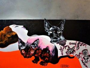 Sphinx Cats and Woman by Victor Tkachenko