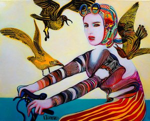 Vibrant Cyclist and Birds by Victor Tkachenko