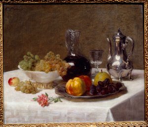 Table Corner Still Life of Fruit (Grapes, Quince, and Pear), Silverware, and Wine Jug by Victoria Dubourg