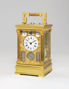 French brass grande sonnerie eight day carriage clock with full calendar, moonphase, barometer & thermometer