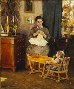 An Interior with a Mother and Child