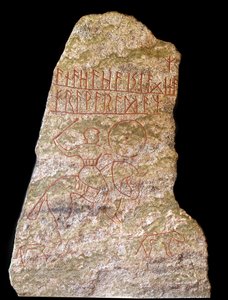 A Stele with Runic Inscriptions Representing a Viking Horseman with a Dog by Viking Viking