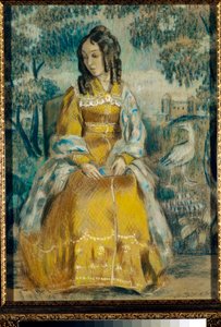 Portrait of Nadezhda Stanyukovich in Front of a Tapestry, Pensive, Wearing a Crinoline Dress