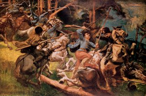 Hungarian Hussars and Russian Cossacks Fighting in the Carpathian Mountains in 1915 by Viktor Tardos