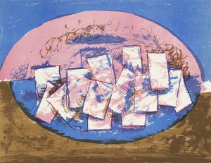 Blue and Pink Ellipse with Squares on Brown and Blue Background