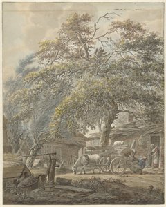 Farmyard with Two Men Loading a Cradle onto a Horse Cart by Vincent Jansz. van der Vinne