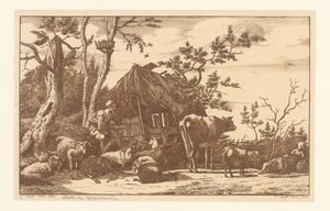 Seated Shepherd with Cattle in Front of a Dilapidated Barn