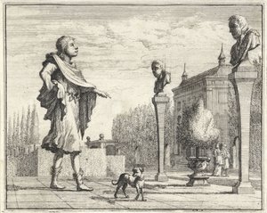 Man by Two Herms in Formal Garden by Vincent Laurensz. van der Vinne (II)