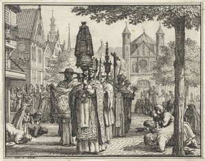 Procession with a Statue Through a Street by Vincent Laurensz. van der Vinne (II)