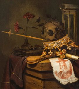 A Vanitas Still Life with a Skull, Crown, Sceptre, Flute, Bellows, Hourglass, Carnations in a Glass Vase, Scroll, Book and an Engraved Portrait of Charles I