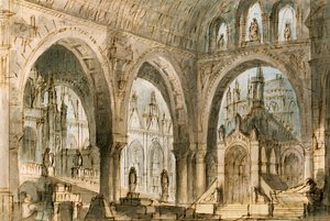 Set design for fourth scene of Capuleti and Montecchi, opera by Vincenzo Bellini, performed at La Fenice Theatre in Venice