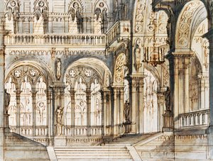 Set design for third scene of Capuleti and Montecchi, opera by Vincenzo Bellini, performed at La Fenice Theatre in Venice