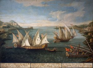 Naval battle between Venetian ships of Marco Ivanovich Dobrota and Turkish ships off Patras on April 17 by Vincenzo Chilone