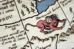 Representation of a manticore, a fantastic creature with a human head (often with horns, blue eyes and three rows of teeth), and a scorpion or dragon tail and a lion body. Detail of a world map by Vincenzo Coronelli (1650-1718). 17th century
