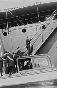 Benito Mussolini in Civilian Clothes on the Ladder of the Real Ferruccio Ship in the Port of Gaeta
