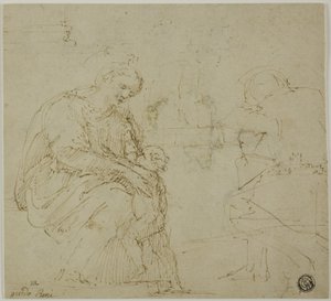 Sketches of Virgin and Child, Seated Figure, and Landscape by Vincenzo Tamagni