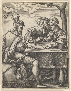Two men and a woman playing cards at a table