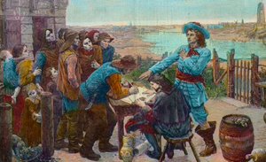 The French privateer Jean Bart with fishermen in Dunkirk - The privateer Jean Bart (1650-1702) with the fishermen of Dunkirk - Engraving after the painting of Virginie Demont-Breton destroyed during the Second World War