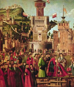 Meeting of Etherius and Ursula and the Departure of the Pilgrims, from the St. Ursula Cycle, c.1490-96 (detail)