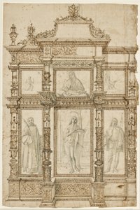 Study for an Altarpiece with Six Pictures Set in an Ornate Structure of Frames. Top: The Stigmatisation of St Francis, Madonna and Child, St Jerome in the Wilderness; Bottom: Sts Lawrence, Sebastian and Roch by Vittore Carpaccio