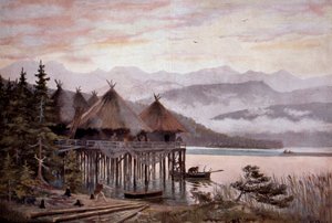 Prehistoric village on stilts on the shores of Lake Zurich in the Stone Age. From a painting by W. Kranz 20th century