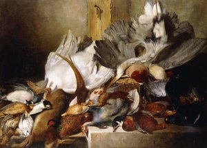 A Still Life of Dead Birds; A Heron Hanging from a Wall, Duck, Pheasant, Partridge, Woodcock, a Swan and a Pigeon with a Hare by W. Oakes