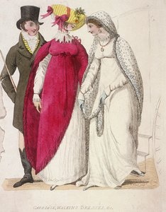 Two Women Wearing Walking Dresses Accompanied by a Man, c1810