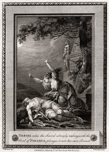 Thisbe takes the Sword already reeking with the blood of Pyramus, plunges it into...