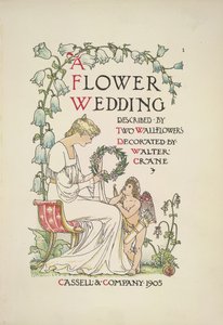 A seated woman holding a garland; an angel looking up at her by Walter Crane