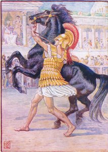 He ran towards the horse and seized the bridle, illustration from The Story of Greece by Walter Crane