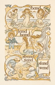 Rhyming words ending in the letter D. Mermaids. Children building sand castles on a beach. The Golden primer by Walter Crane