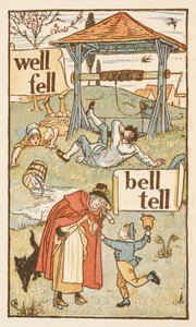 Rhyming words ending in the letter L. A boy with a bell. An old woman and her cat. The Golden Primer by Walter Crane