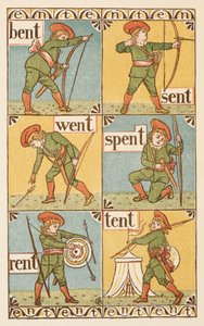 Rhyming words ending in the letter T. A boy with a bow and arrow. The Golden primer by Walter Crane