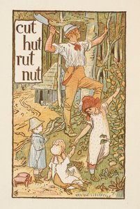 Rhyming words ending in the letter T. An illustration, showing a man cutting a tree. Three children are with him. The Golden primer by Walter Crane