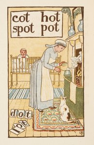 Rhyming Words Ending in the Letter T. An Illustration, Showing a Nurse Boiling a Pot for a Sick Child. The Golden Primer