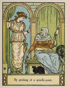 Sleeping Beauty stands next to an old woman with a spinning wheel and thread. A black cat sits underneath by Walter Crane