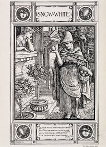 Snow White and the witch tending her apple - in Household Stories from the collection of the Bros Grimm, translated from German by Lucy Crane