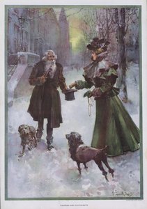 Paupers and Plutocrats: wealthy woman giving money to a poor man on a street in winter
