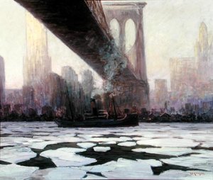 Ship in Frozen Water Under the Brooklyn Bridge