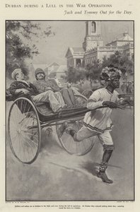 British Sailor and Soldier Taking a Ride in a Rickshaw Through the Streets of Durban During a Lull in Fighting in the Boer War by Walter Paget