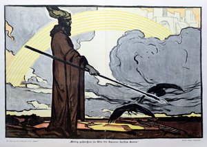 Odin with his two crows, Hugin (thought) and Munin (memory)