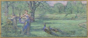 Woman with peacocks in a garden