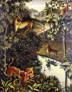 Tierfabel: Tiger and Snake in Combat in a Primeval Forest