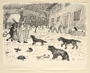 Nicholas and Krampus in Landscape with Children by Walther Gamerith