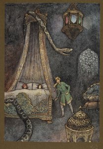 Plate 3: He rushed out of his hiding-place and killed the serpent, from Folk-Tales of Bengal by Warwick Goble