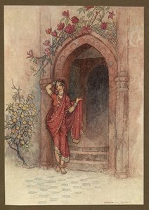 Plate 5: At the door of which stood a lady of exquisite beauty, from Folk-Tales of Bengal